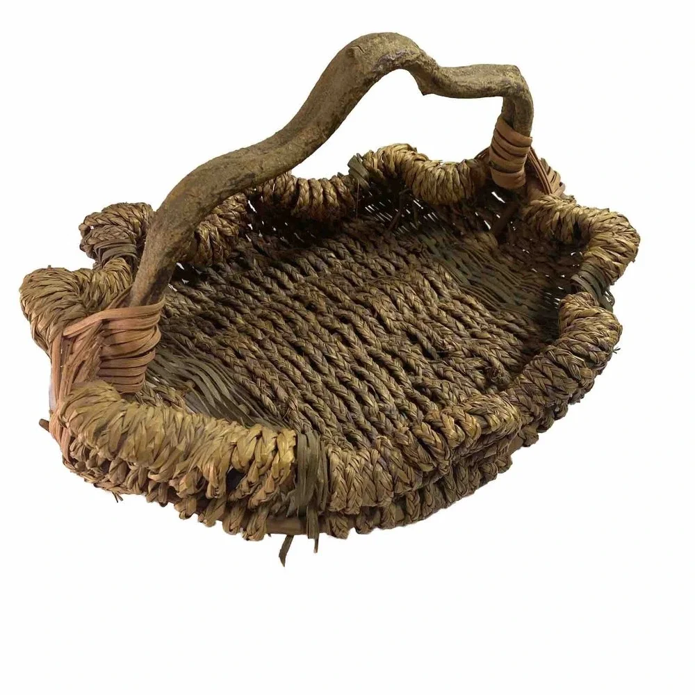 VTG Rustic Woven Basket Tree Branch Handle Boho Farmhouse Primitive Decor Cottag